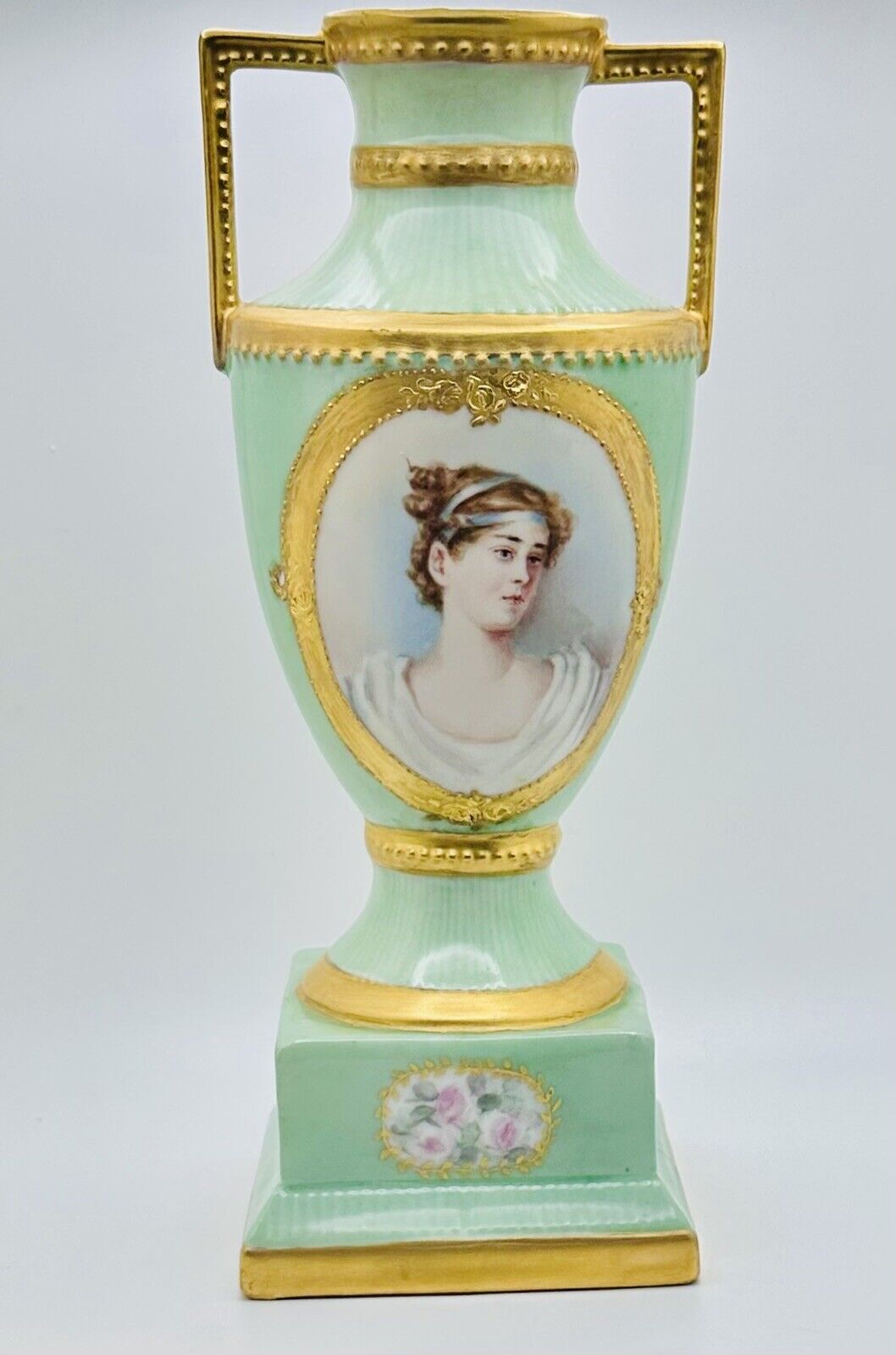 Antique French Sevres Style Gilt Hand Painted Portrait Porcelain Vase Signed