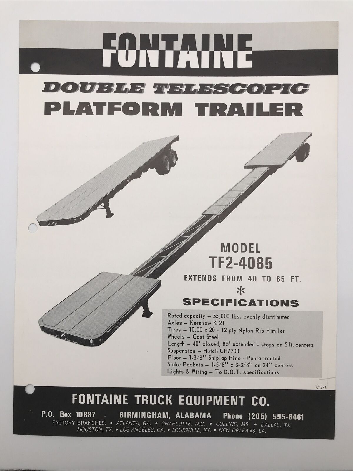 1971 FONTAINE DOUBLE TELESCOPIC PLATFORM TRAILER Model TF2-4085 Specifications