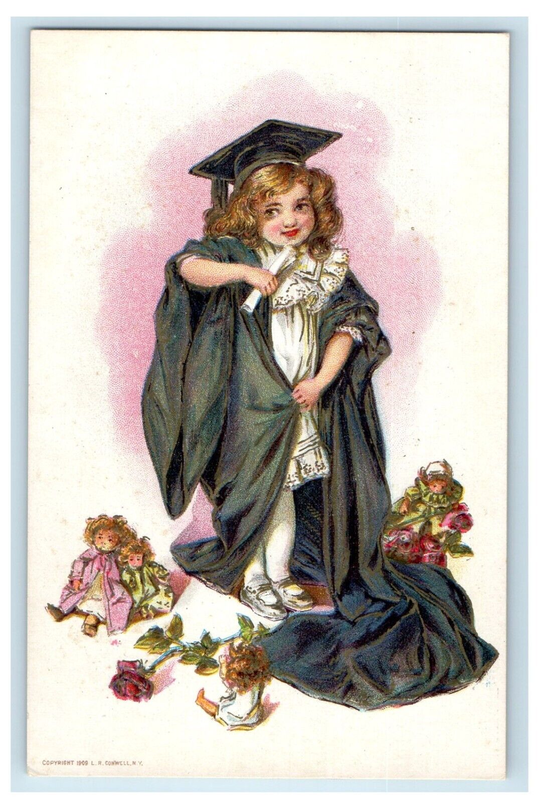 c1910\'s Girl Graduation Diploma Gift Toys And Flowers Embossed Antique Postcard