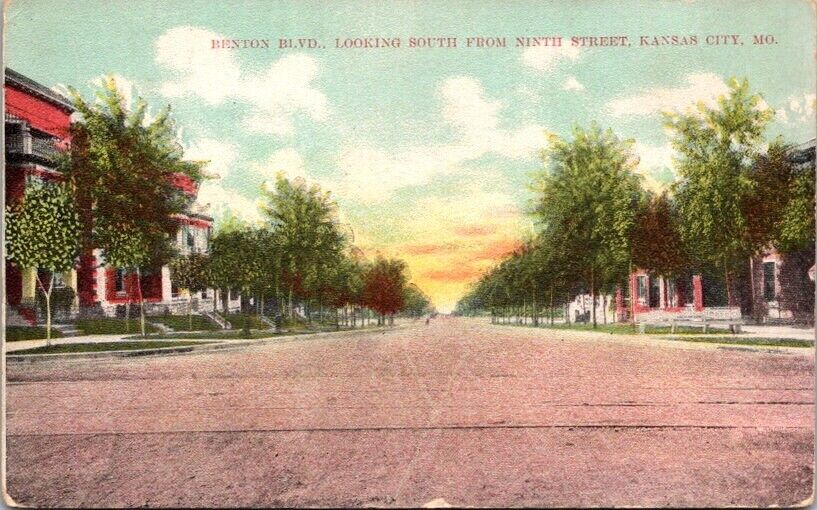 Vintage Postcard Benton Blvd. South from 9th Street Kansas City Missouri MO Y015