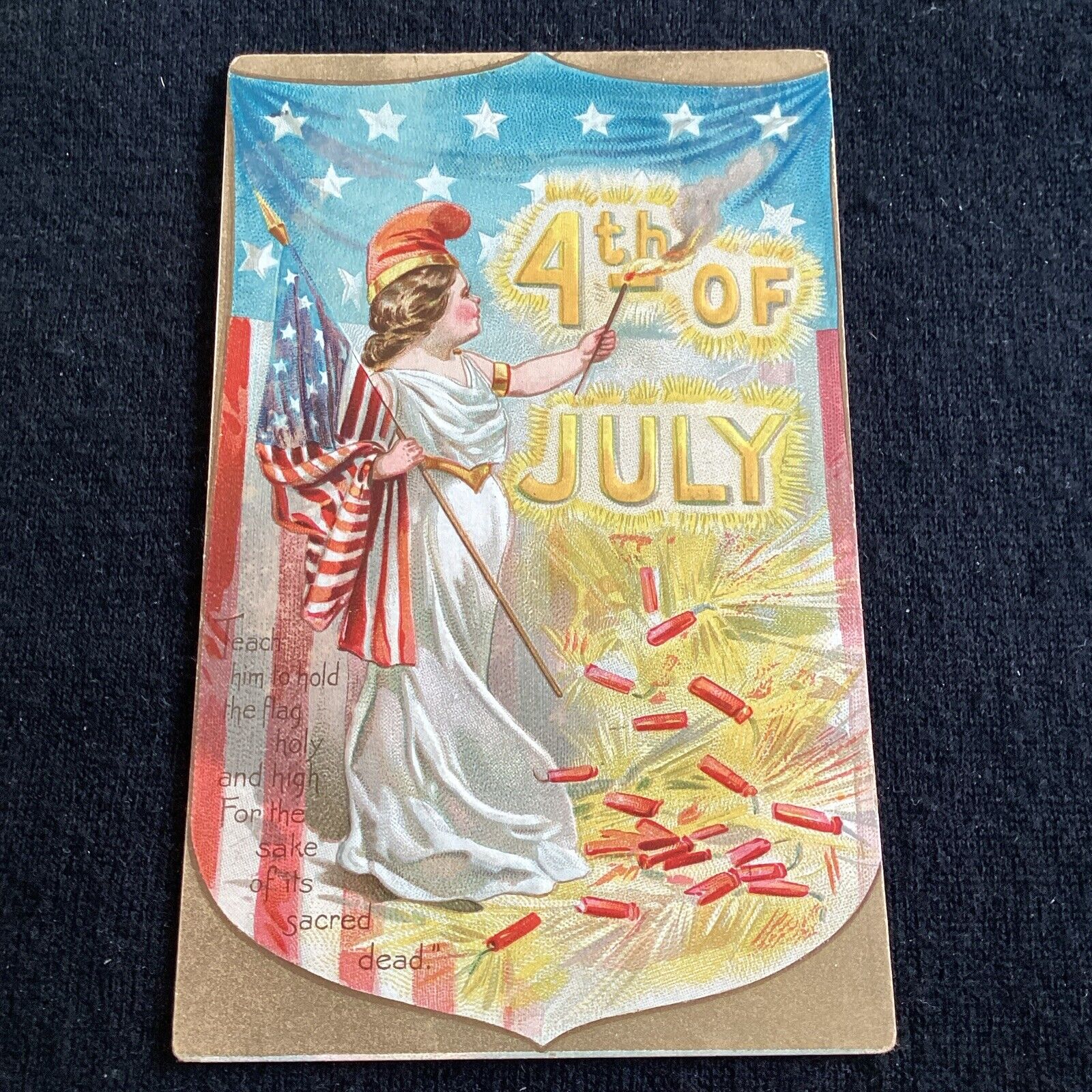 Vintage Patriotic Postcard c1910 Fourth of July 4th Lady Liberty Fireworks Tuck