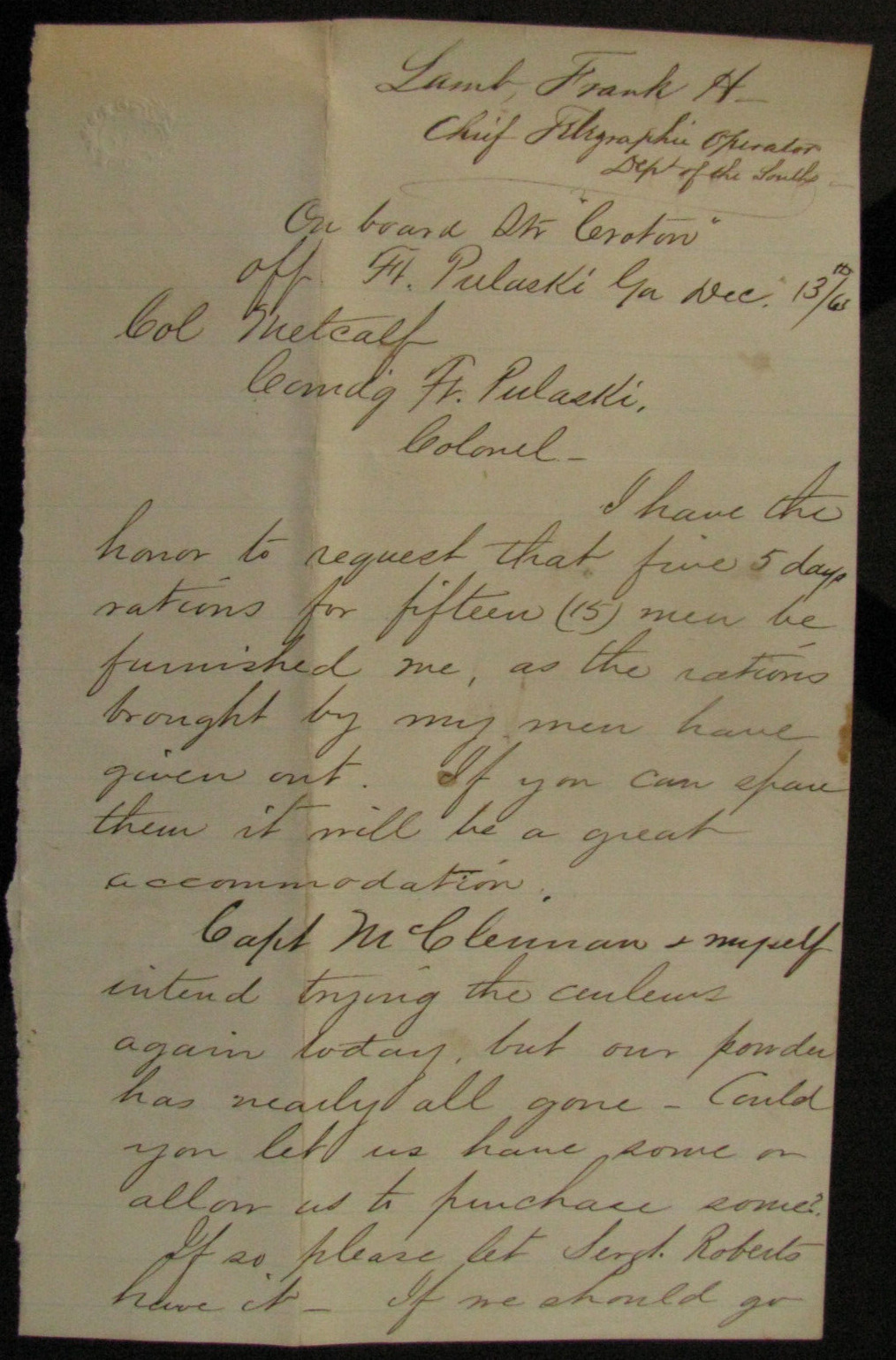 CIVIL WAR US MILITARY TELEGRAPH OPERATOR FORT PULASKI GEORGIA  LETTER 1864
