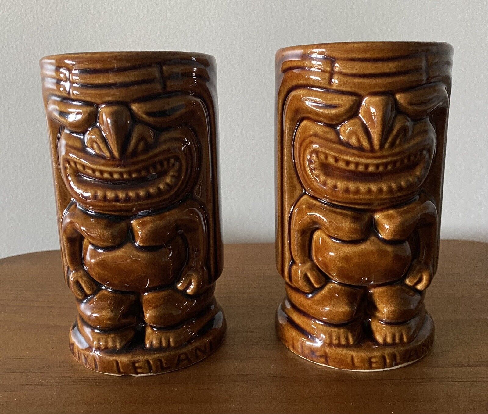 Vintage Tiki Leilani Polynesian Mugs USA Barware 1960s Set of 2 Hawaiian Tumbler