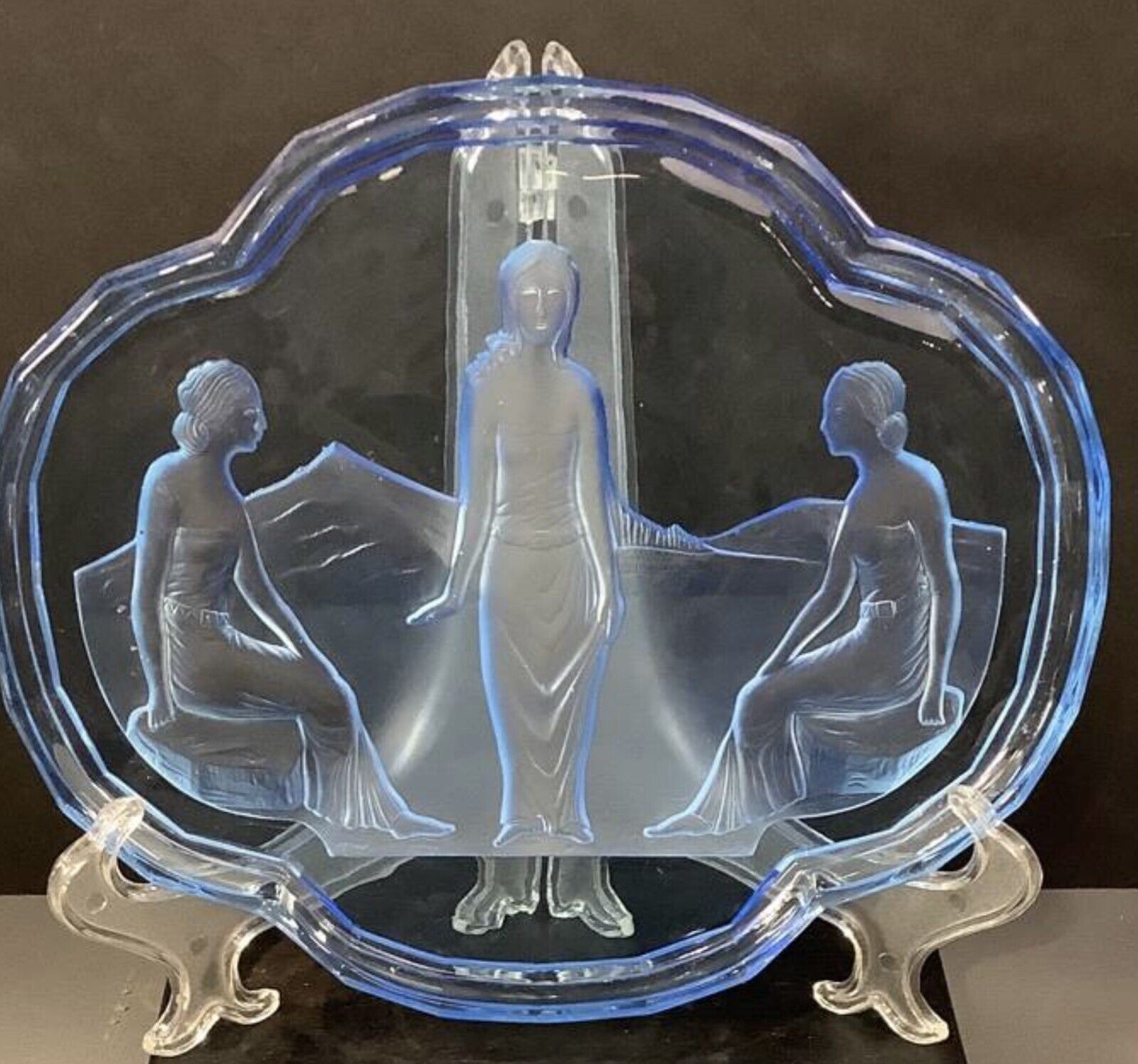 Blue Bohemian Art Deco Glass Dressing Tray “The Three Graces”