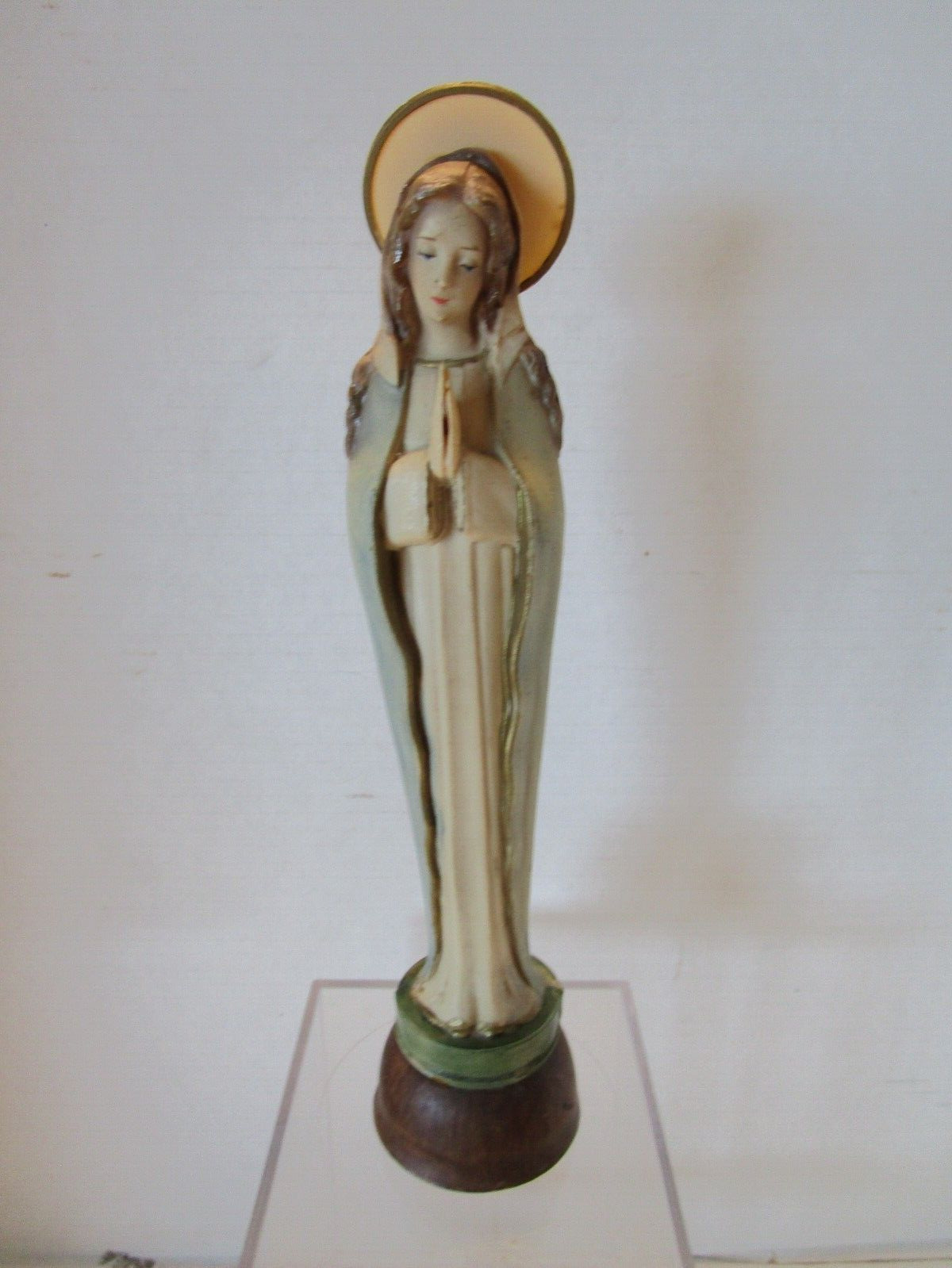 Vintage Virgen Mary Madonna HARD PLASTIC FIGURINE Statue Italy 9.5” T 1950’s