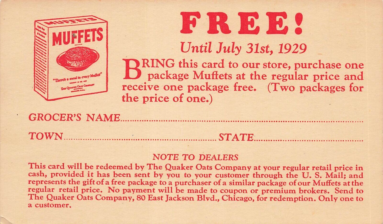 1929 ADVERTISING POSTCARD: MUFFETS A MEAL THE QUAKER OATS COMPANY