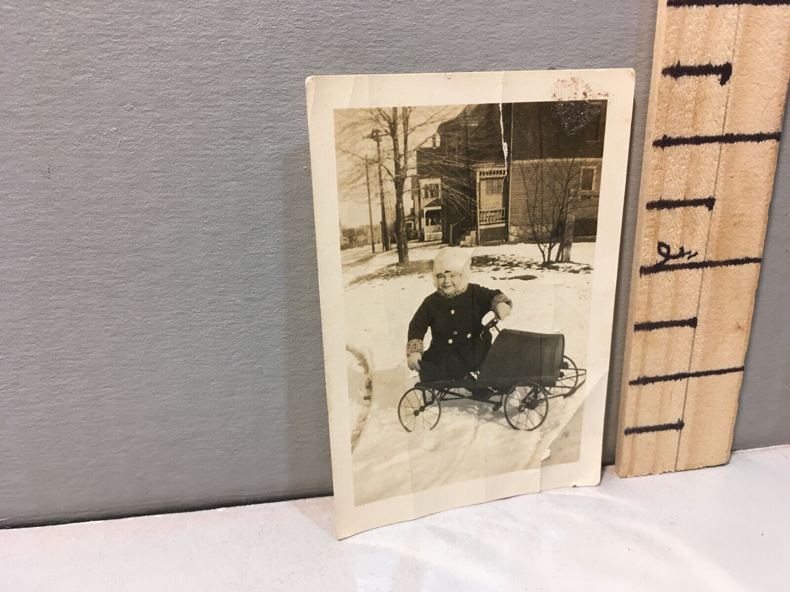 Vtg Photo 20\'s Little Boy Snow Suit Pedal Car p