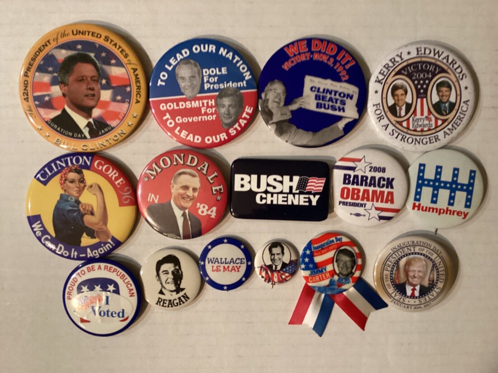 (15) DIFFERENT POLITICAL BUTTONS FROM 1” TO 3 1/4 IN SIZE EXCELLENT CONDITION