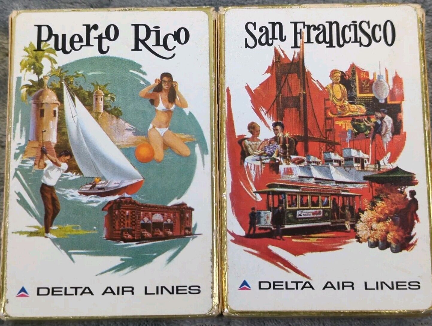 Lot Of 2 Vintage Delta Airlines Destination Playing Cards Puerto Rico & San Fran