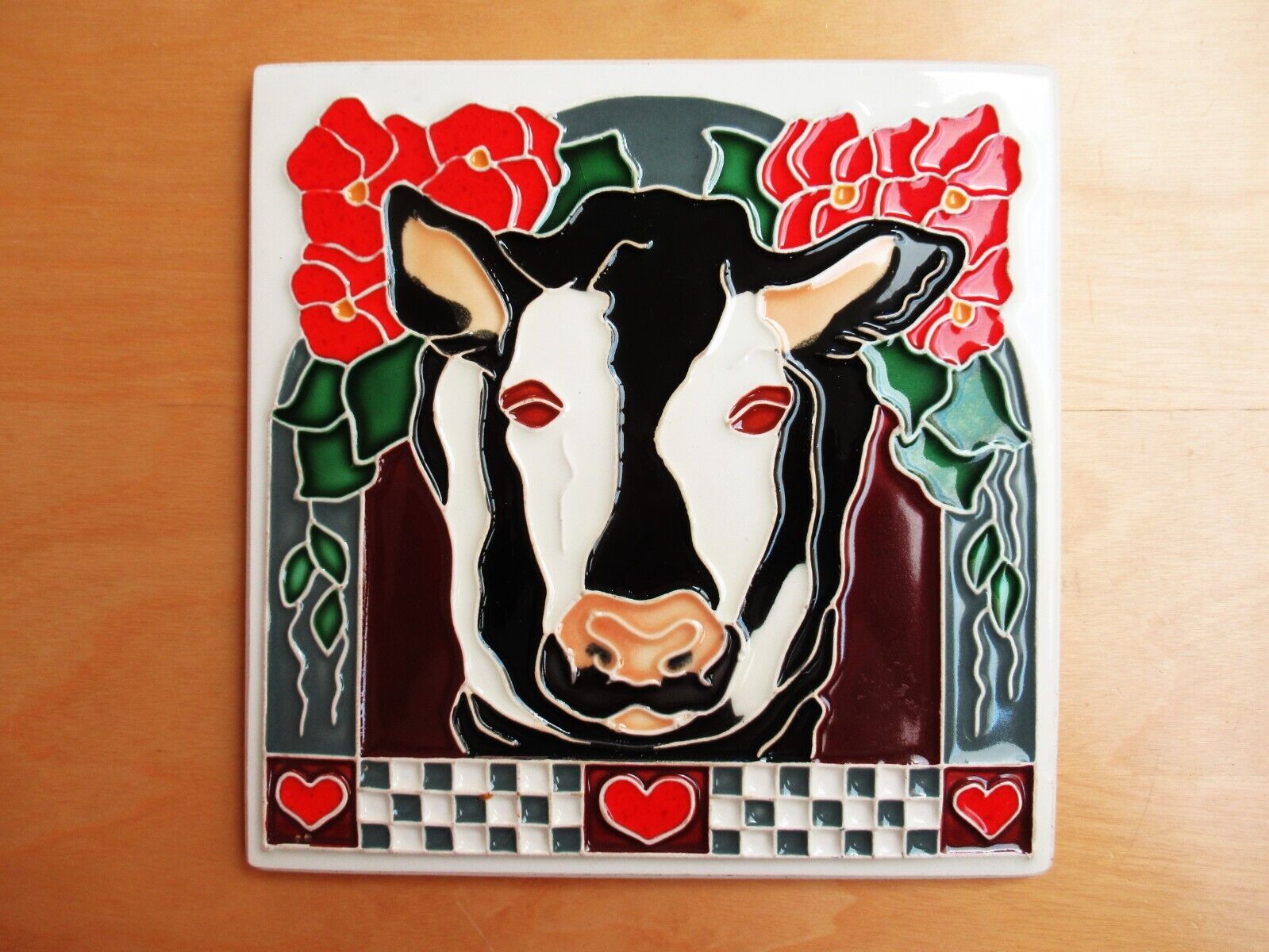 Vintage Cindy Wallace Cow Ceramic Tile Hearts Flowers 1988 Signed 3D Design