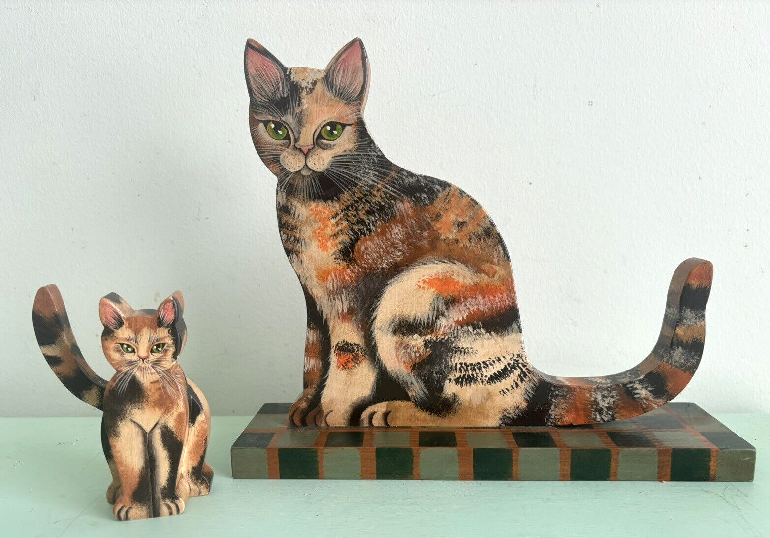 Vintage Calico Cat Kitten Set 2 Wooden Figurines American Folk Art Signed 1993