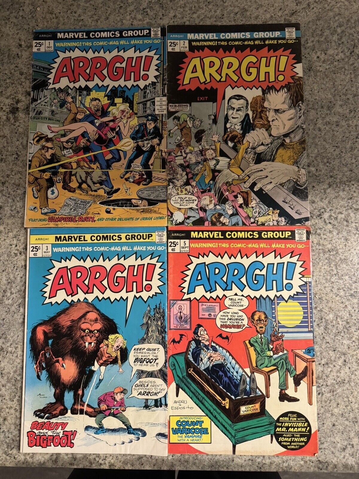 ARRGH #1,2,3,5 Marvel Satire/Comedy 1974  TOM SUTTON & MIKE SEKOWSKY Comics