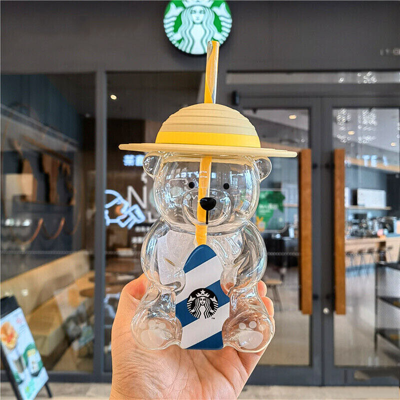 New Starbucks Korea 2022 Summer Yellow Hat Bear 473ml Glass Straw Cup Tumbler~