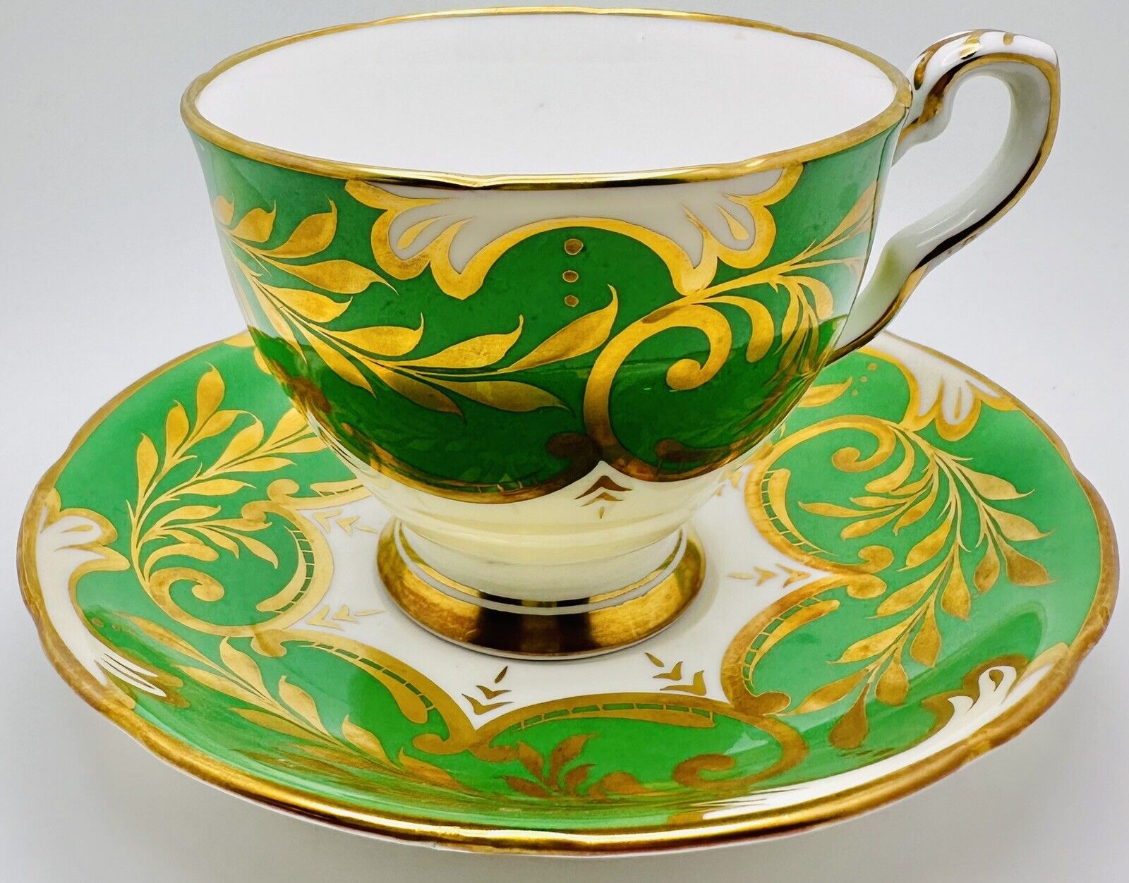 Vintage Royal Stafford England Cup & Saucer Set Green Gold Scroll Accent; Teacup