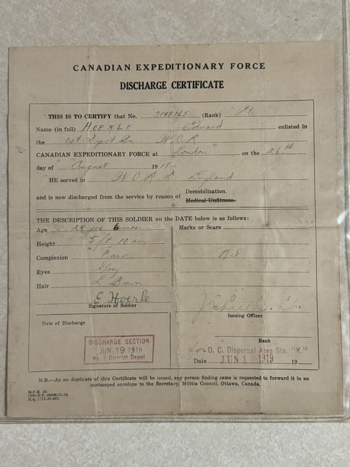 Canadian Expeditionary Force (CEF) WWI Discharge Certificate 1919