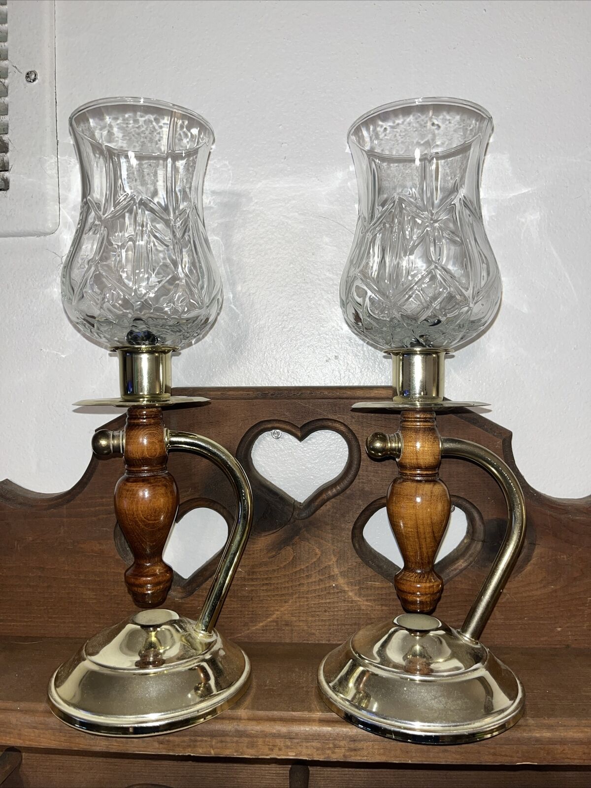 Homco Home Interiors Set Of 2 Wood & Gold Metal Wall Sconces Candle