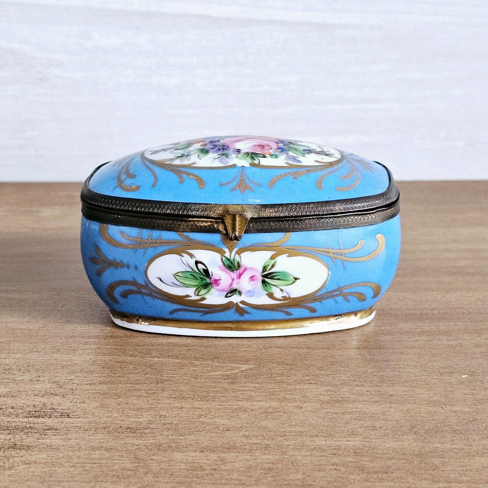 Vintage Porcelain Hand Painted Blue Floral Lidded Trinket Box
