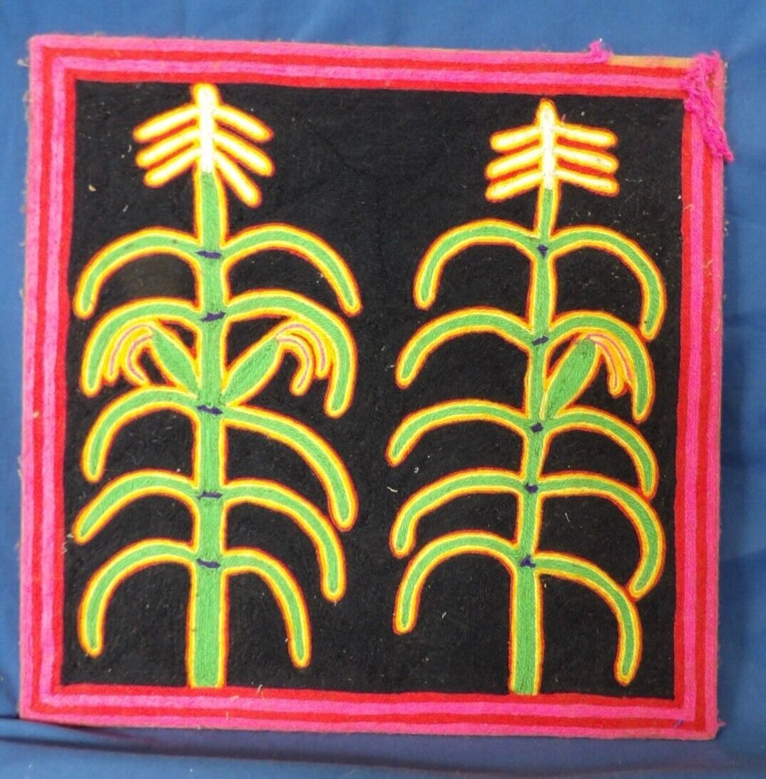 Folk Art Huichol Indian Peyote Yarn Painting - Two Corn Stalks #14