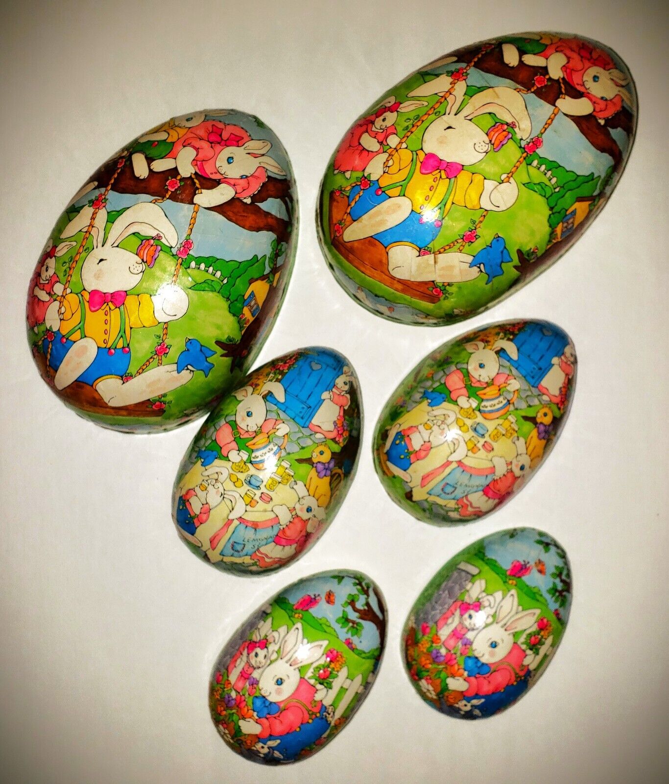 VINTAGE 1950s PAPER MACHE EASTER BUNNY EGG CANDY HOLDERS x3