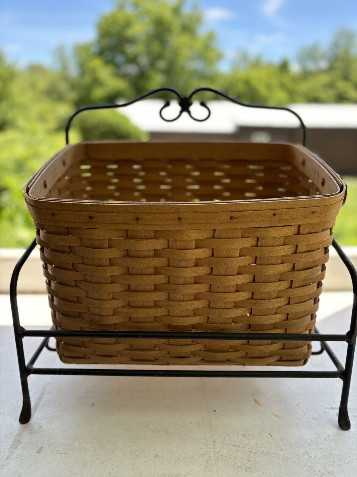 Longaberger Newspaper Basket With Wrought Iron Stand NO Protector