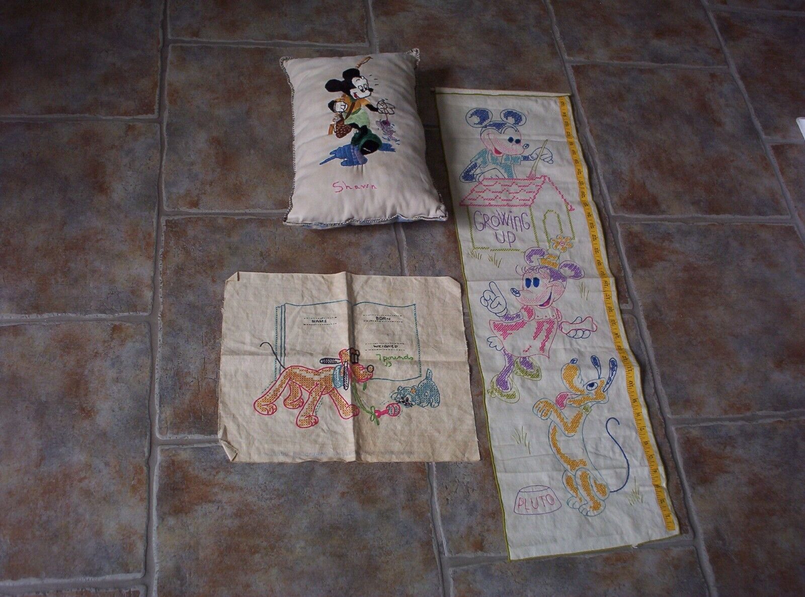 3 Vintage Disney Embroidered Cross Stitch Mickey Mouse Growth Pluto Birth Chart
