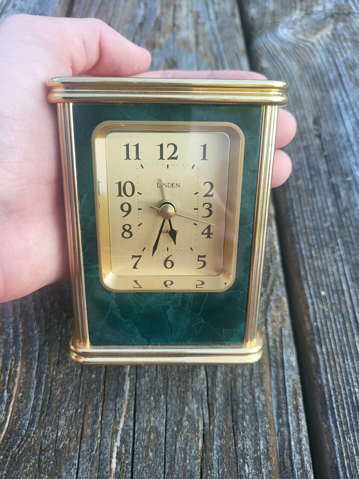 Vintage Linden Quartz Brass Green Marble Design Alarm Clock