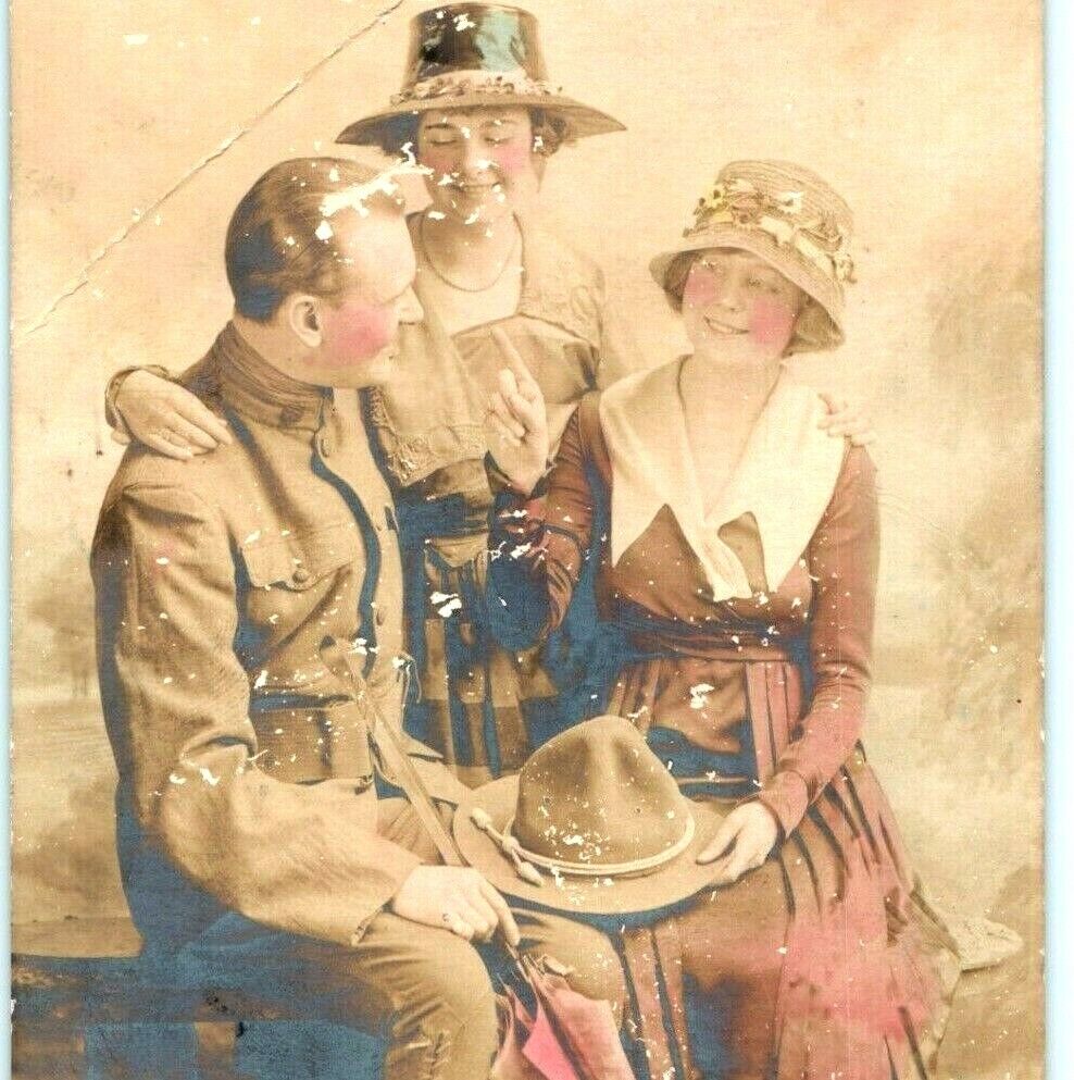 Colored Military Uniformed Army Man w/ Two Girls Women Ladies RPPC A4