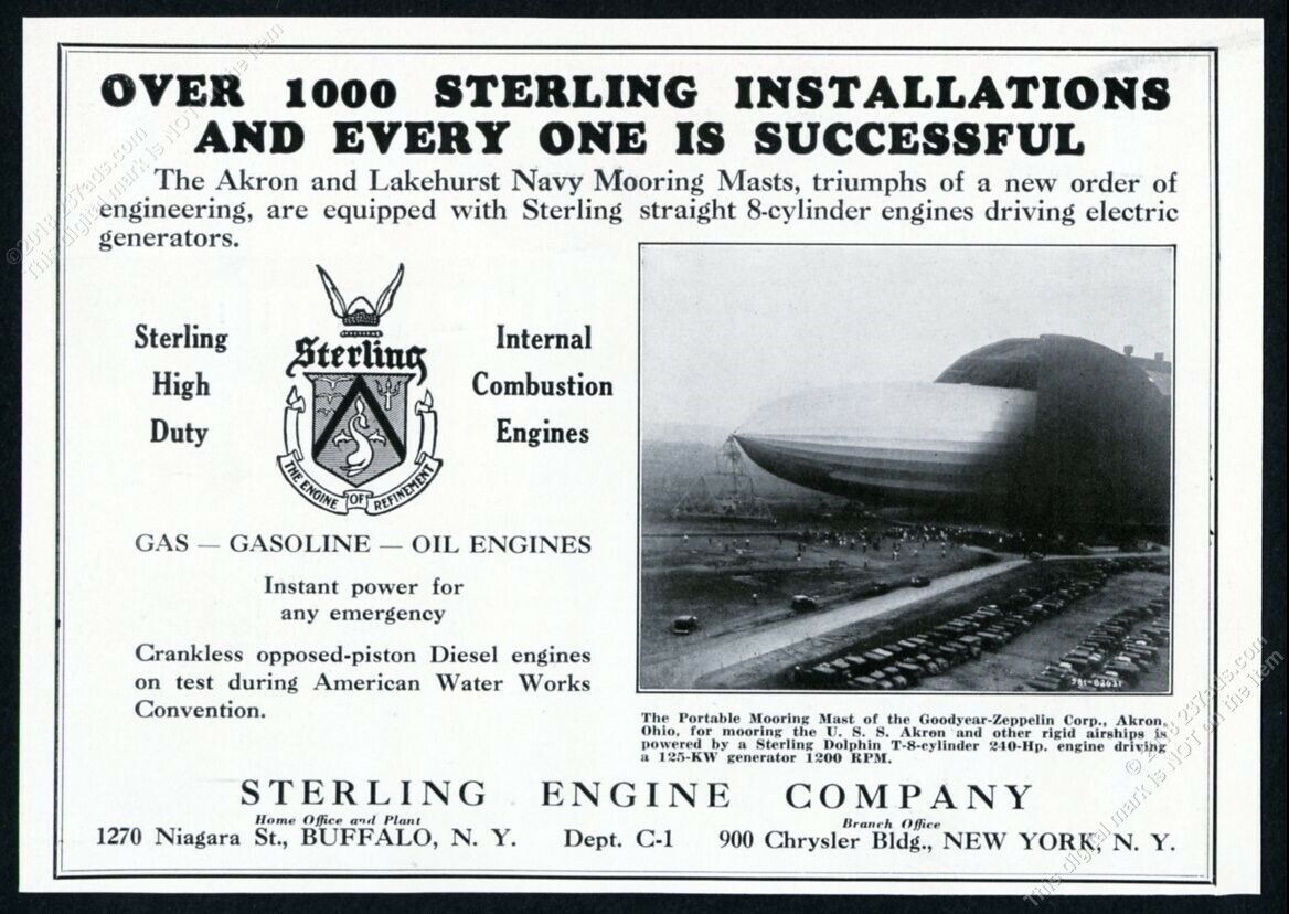 1937 Goodyear Zeppelin Akron Ohio mooring mast photo Sterling Engine print ad