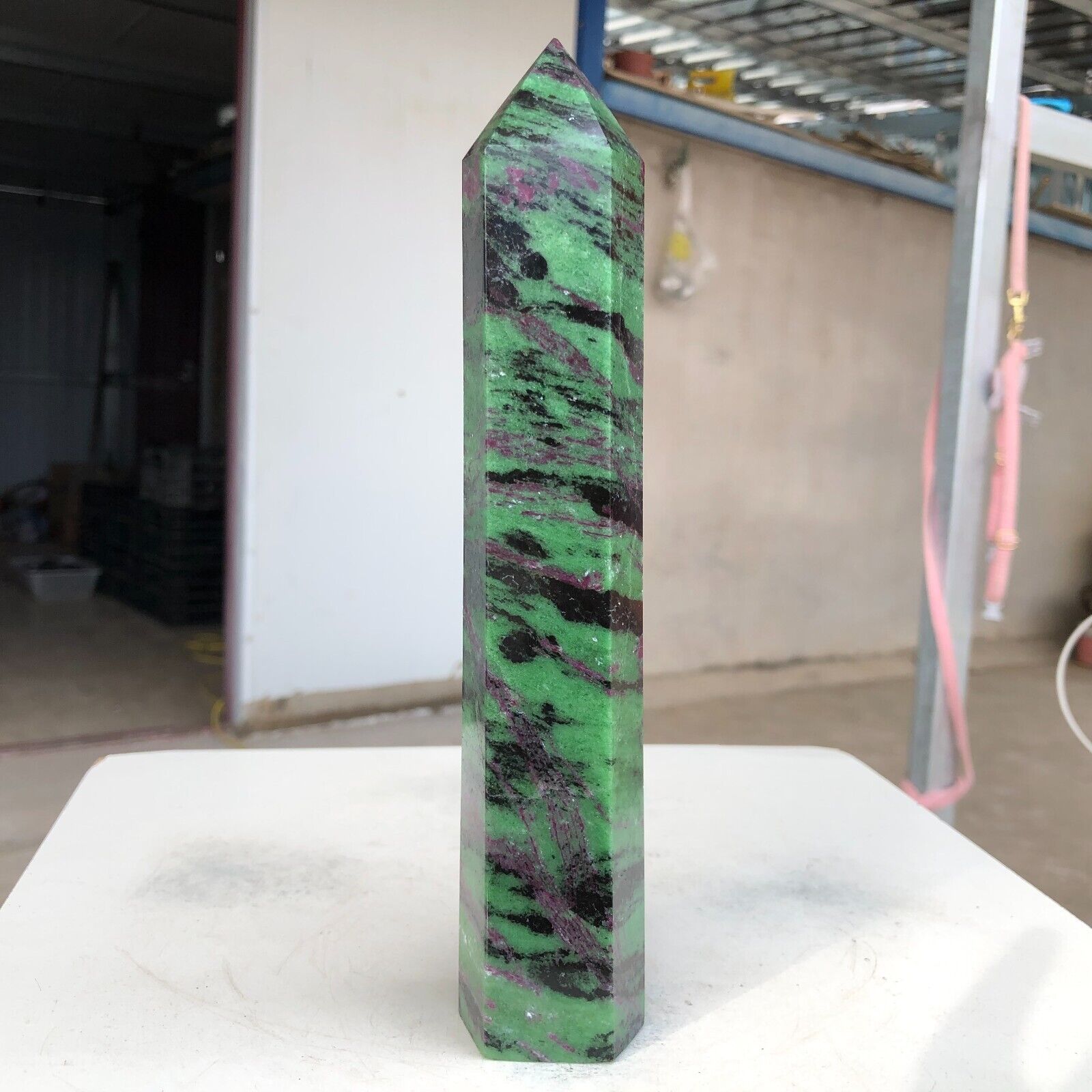 635g Natural green Ruby zoisite Quartz Crystal Obelisk Wand Point Healing Q502