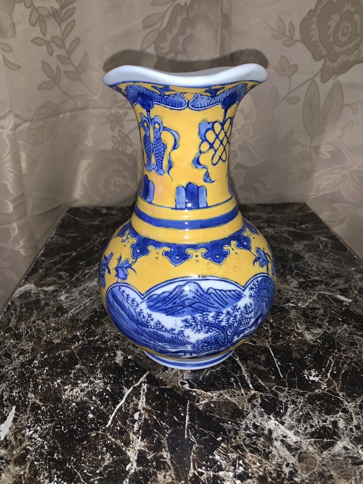Vintage Chinoiserie Blue and Yellow Asian Vase
