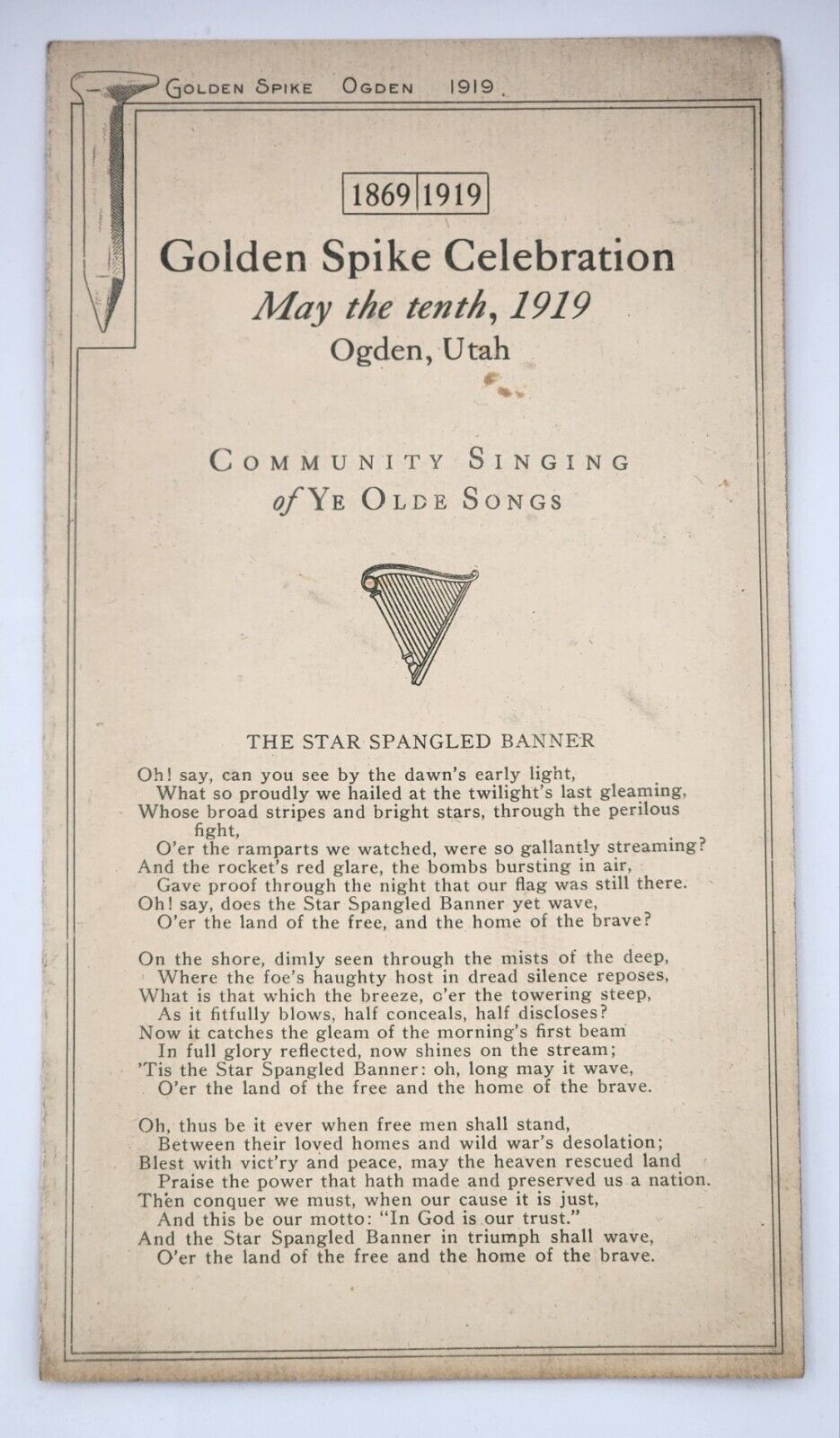 Rare Print~ 1919 Golden Spike Celebration~ Ogden, Utah~ Community Singing Book