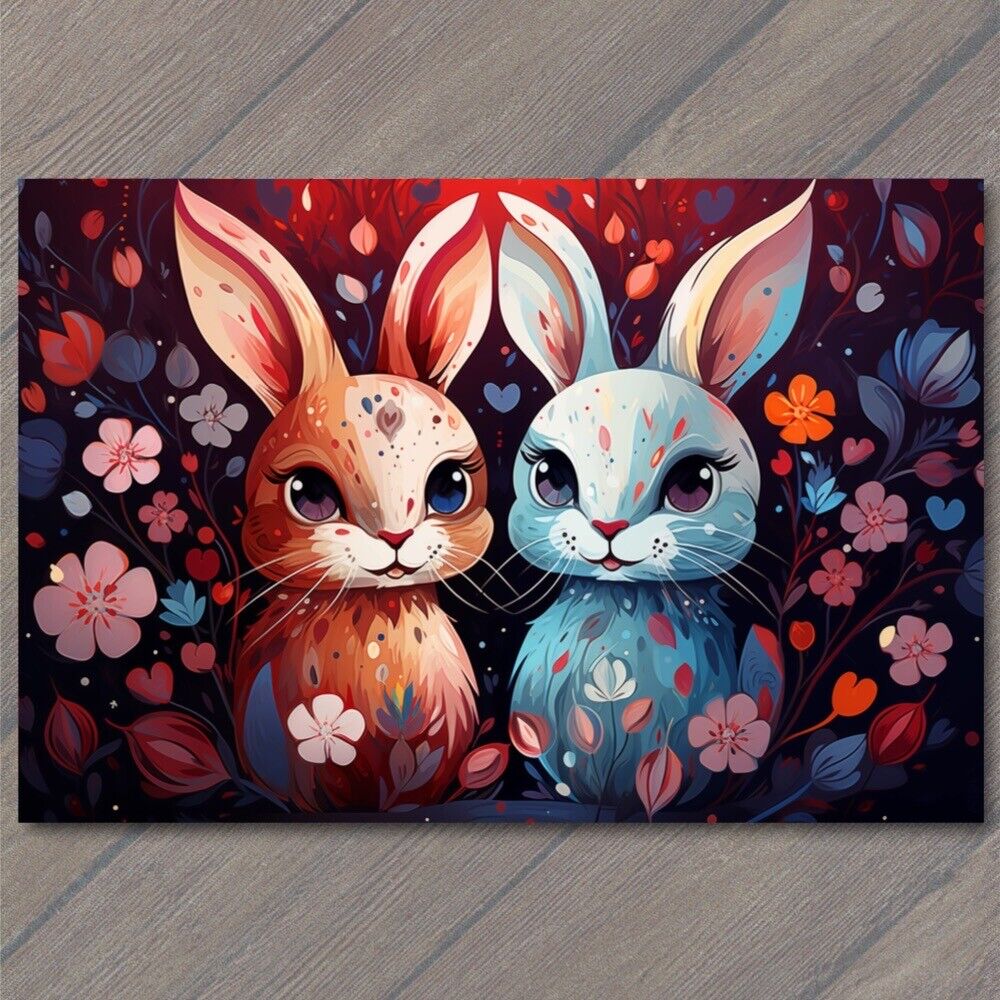 POSTCARD Cute Bunnies Surrounded Flowers Heartwarming Valentine’s Scene 🐰🌸💖