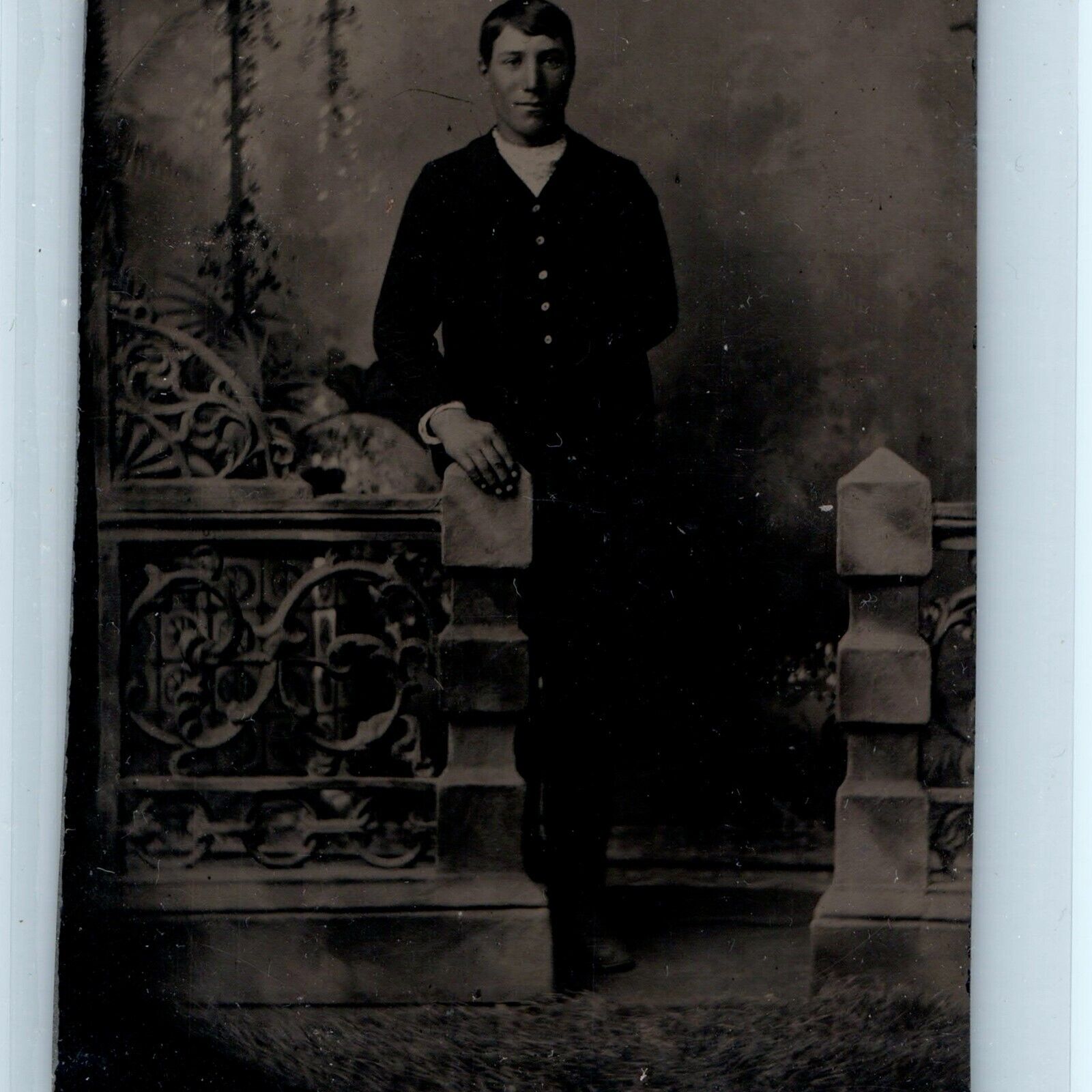 c1850s Handsome Young Man Tintype Photo Tin Standing Clean Shaven Fancy Wall H30