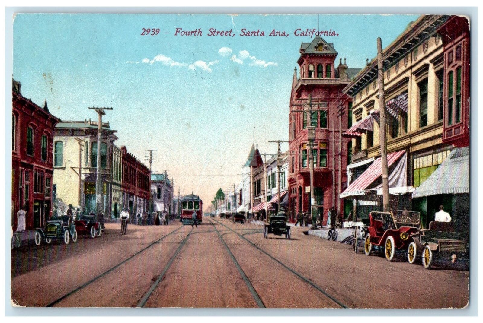 1913 Fourth Street Railroad Train Classic Cars Santa Ana California CA Postcard