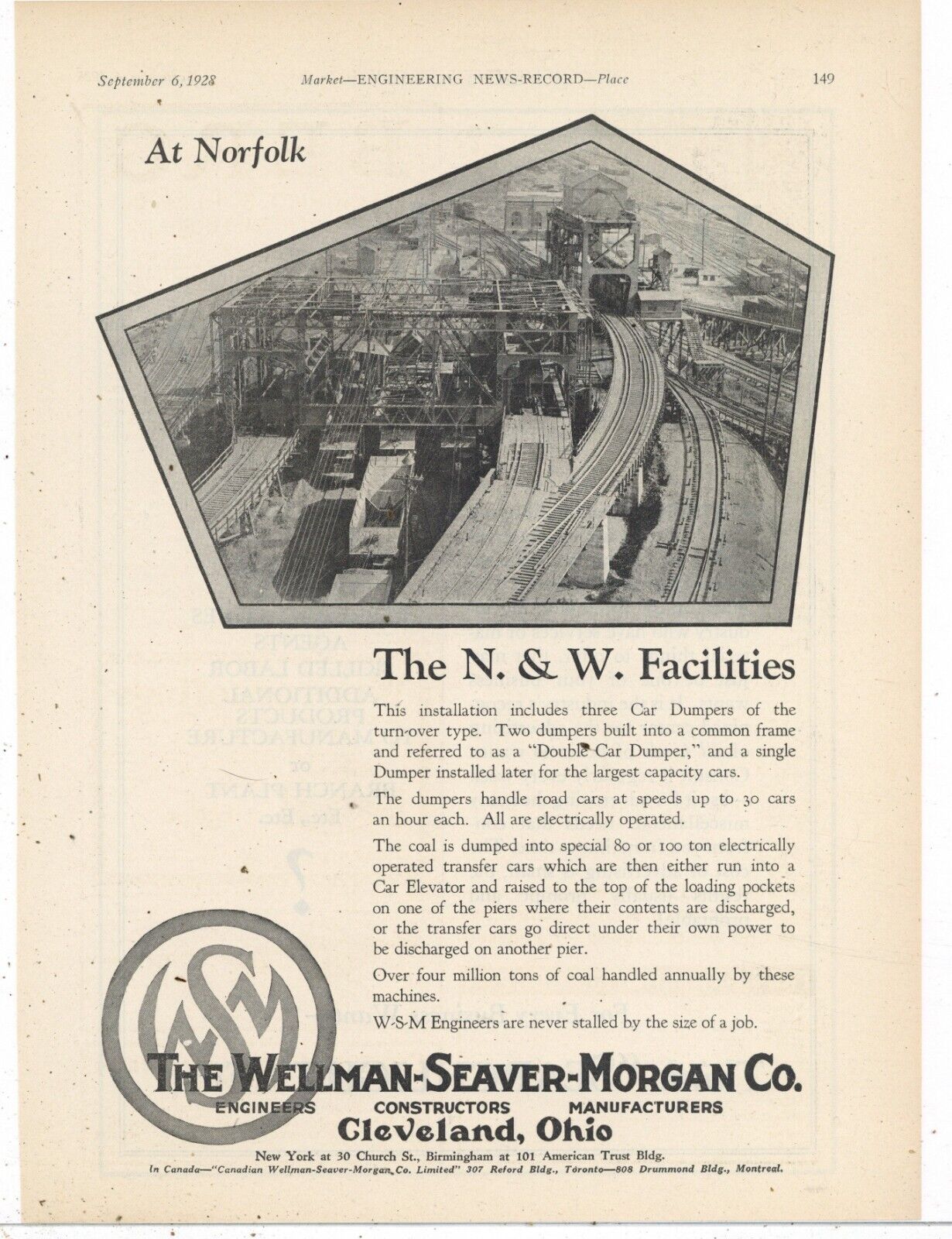 1928 Wellman Seaver Morgan Ad: Norfolk Virginia, Norfolk & Western Car Dumper, +