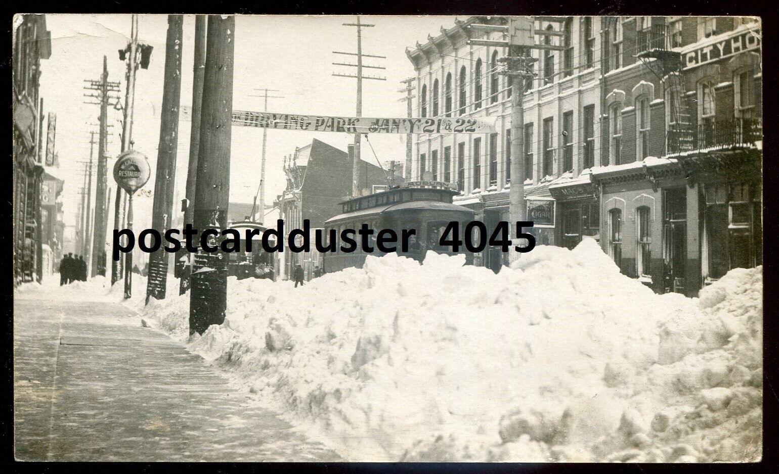 PETERBOROUGH Ontario 1908 Street Snow Storm Tram. Real Photo Postcard by Roy