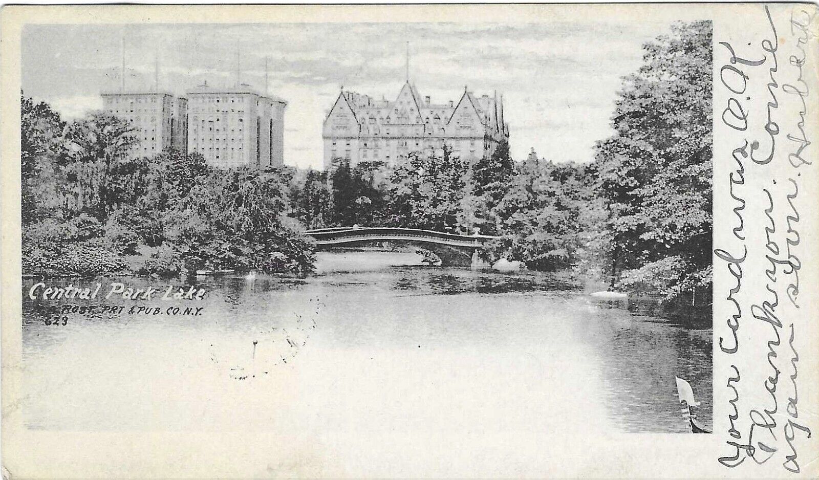 Vintage New York Postcard City Central Park Lake 1908 Postmark Private Mailing