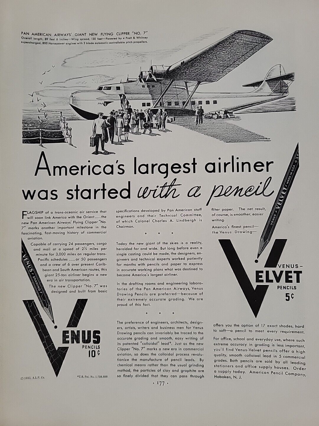 1935 Venus Velvet Pencils Fortune Magazine Print Ad Pan American Airlines Plane