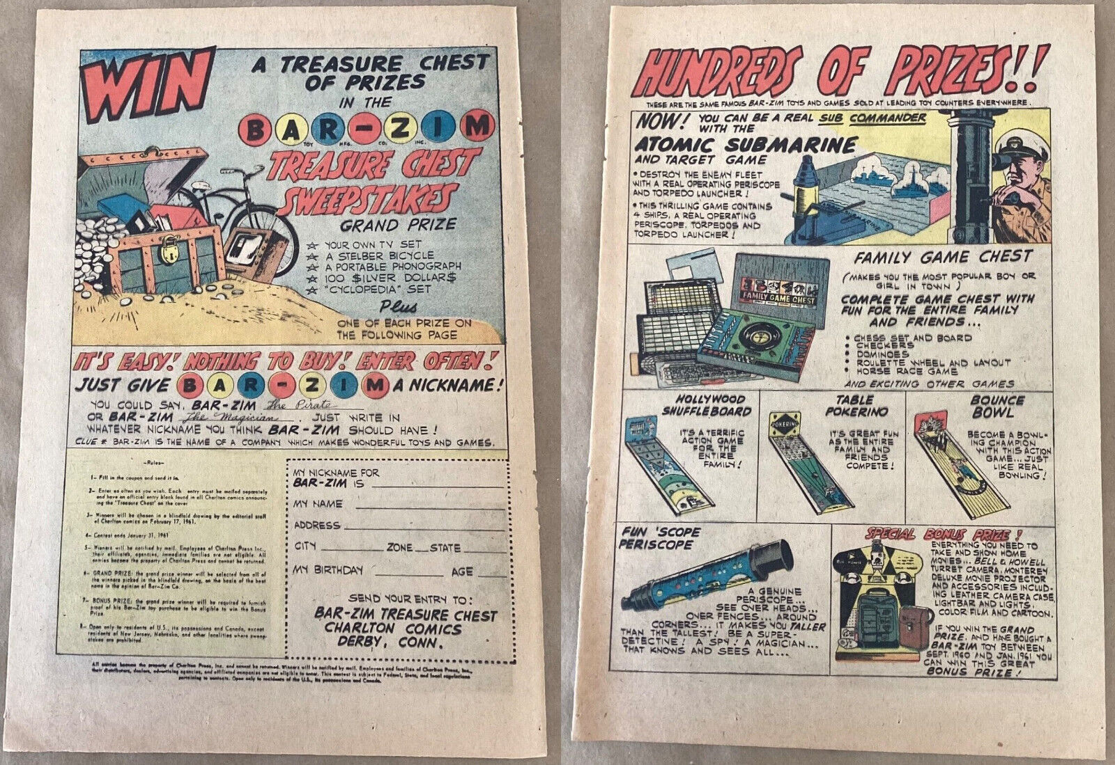 Bar Zim Print Ad comic book 1961 art 1960s vintage mail order Treasure Chest win