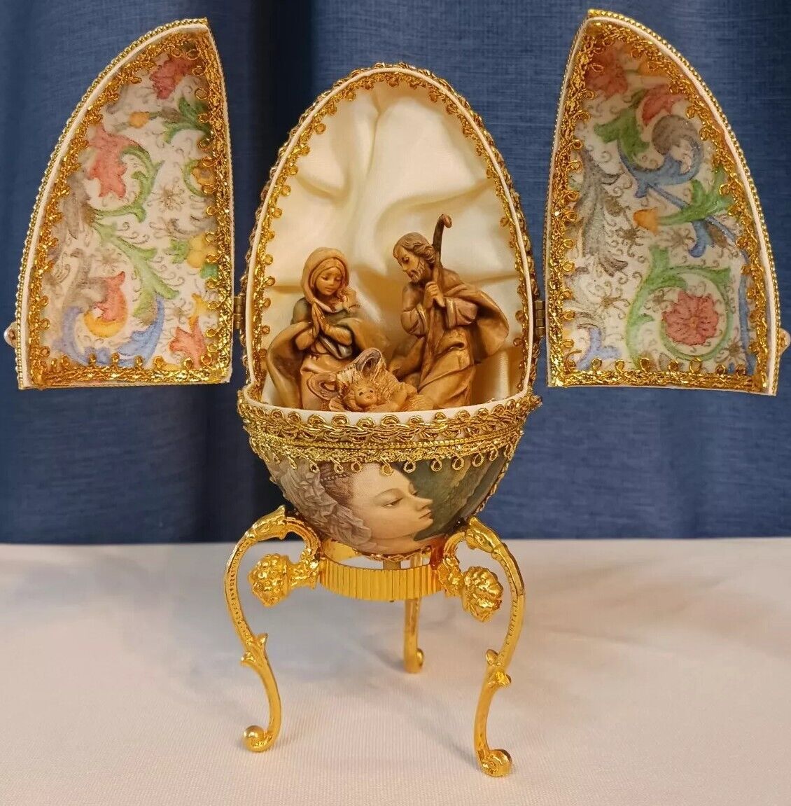 Ornate Vintage Music Box Musical Nativity Egg Catholic Saints Intricate Detail