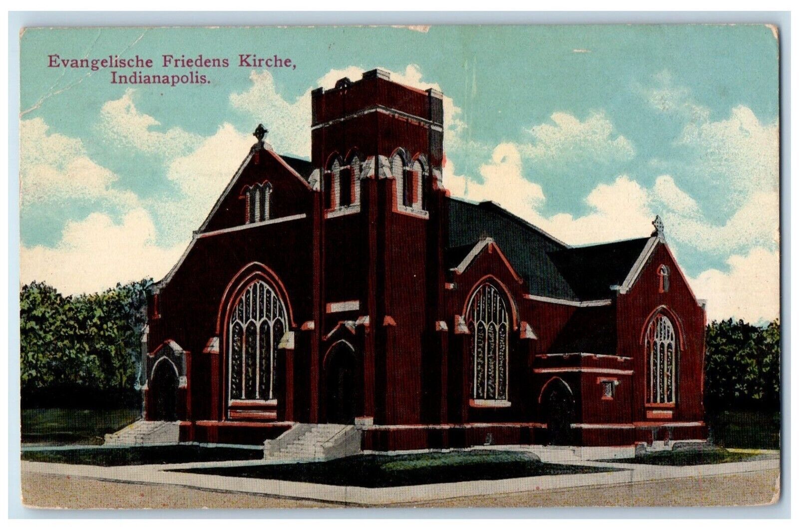 1912 Exterior View Evangelische Friedens Kirche Indianapolis IN Vintage Postcard