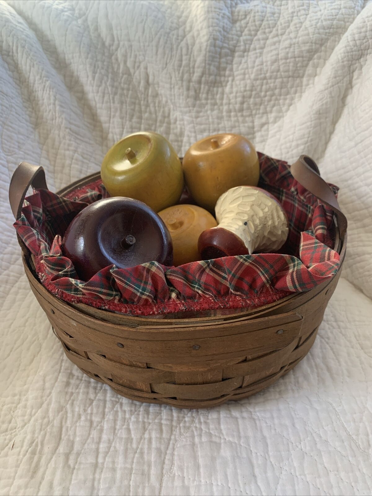 Longaberger Basket w both Liners  10” X 4.25” Signed & 84 & 10 1/2 Wooden Apples