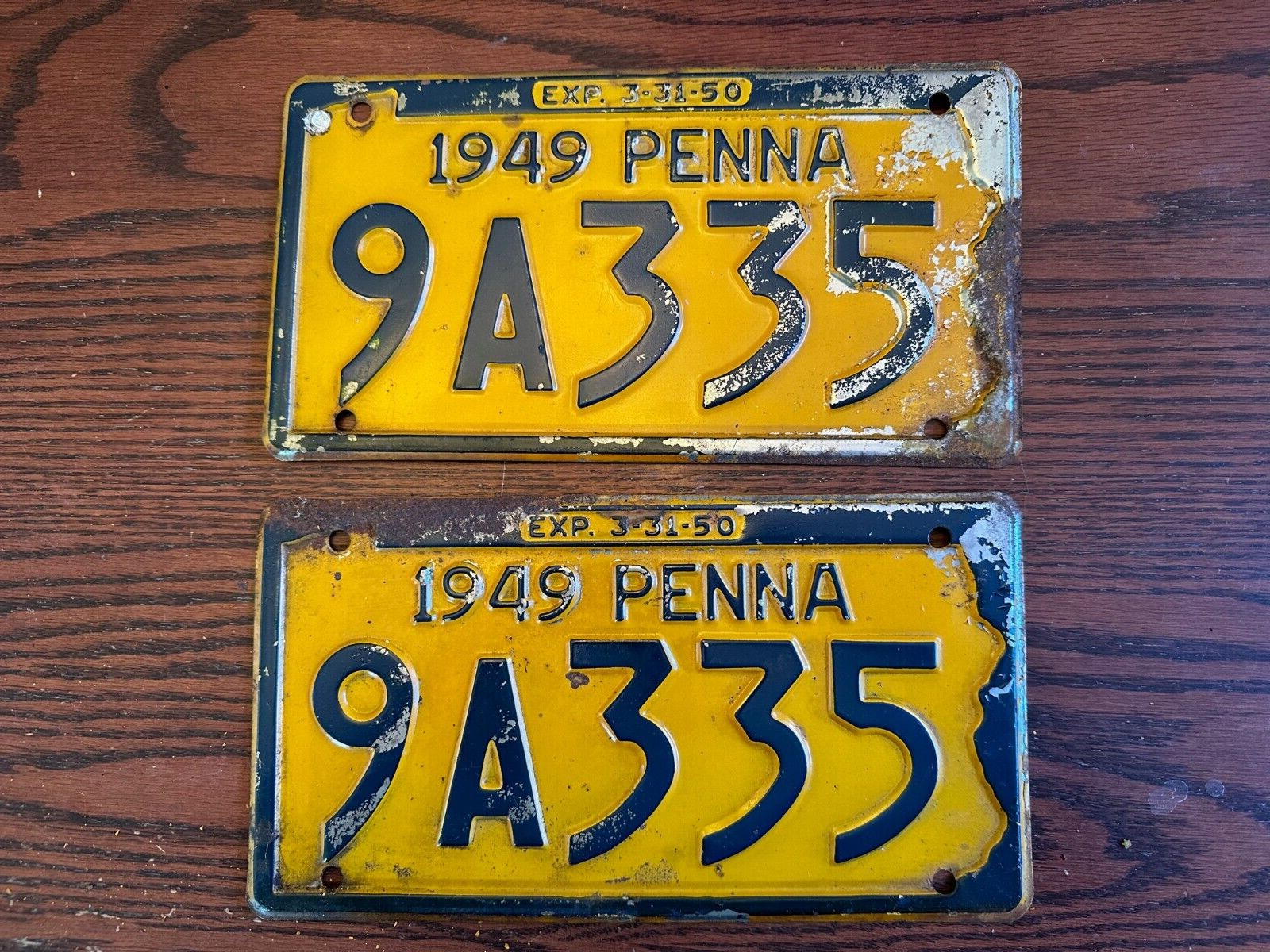 1949 Pennsylvania License Plate Set 9A335 Penna PA Rust Authentic Metal