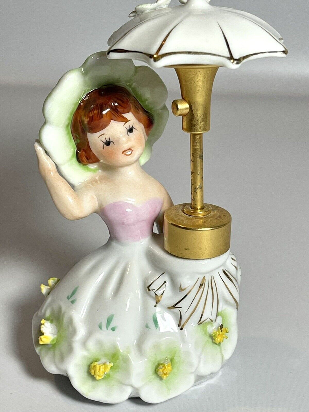 Vintage DEV Lady Perfume Bottle Girl w Umbrella Spray Atomizer 4-1/2\