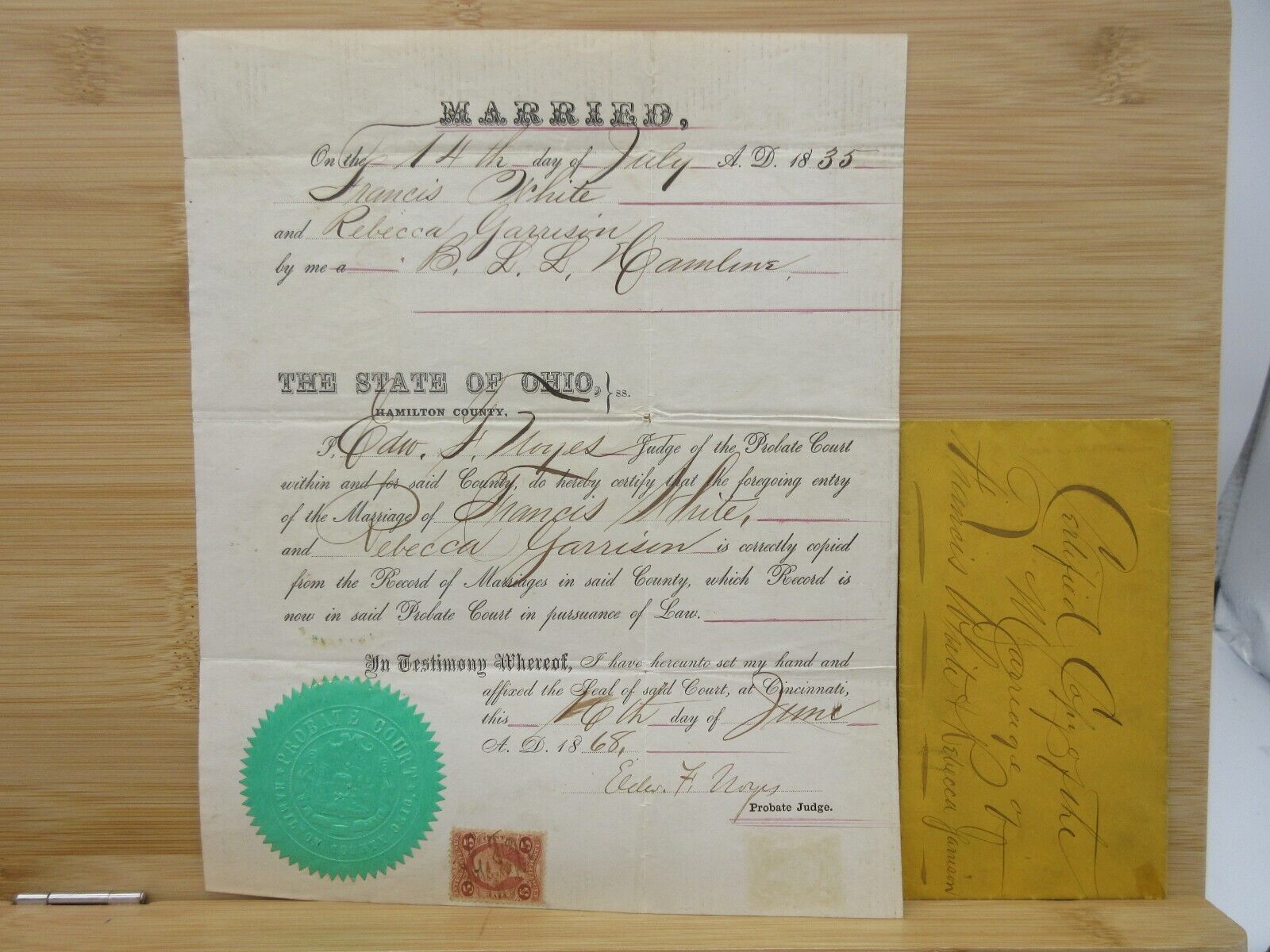 Antique 1868 Marriage License Hamilton County Ohio w/ Original Envelope Stamp