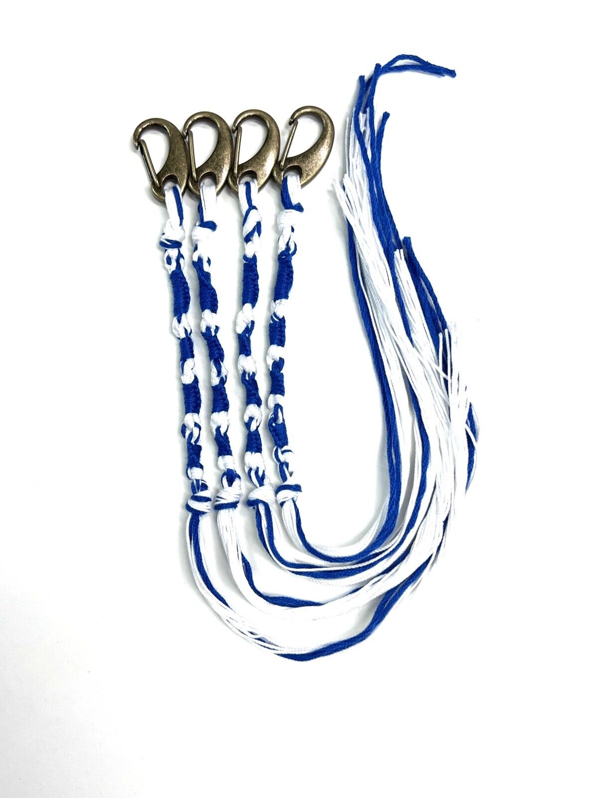 TZITZITS with clips, 4pcs Royal Blue And White With Bronze Color Clip Hebrew