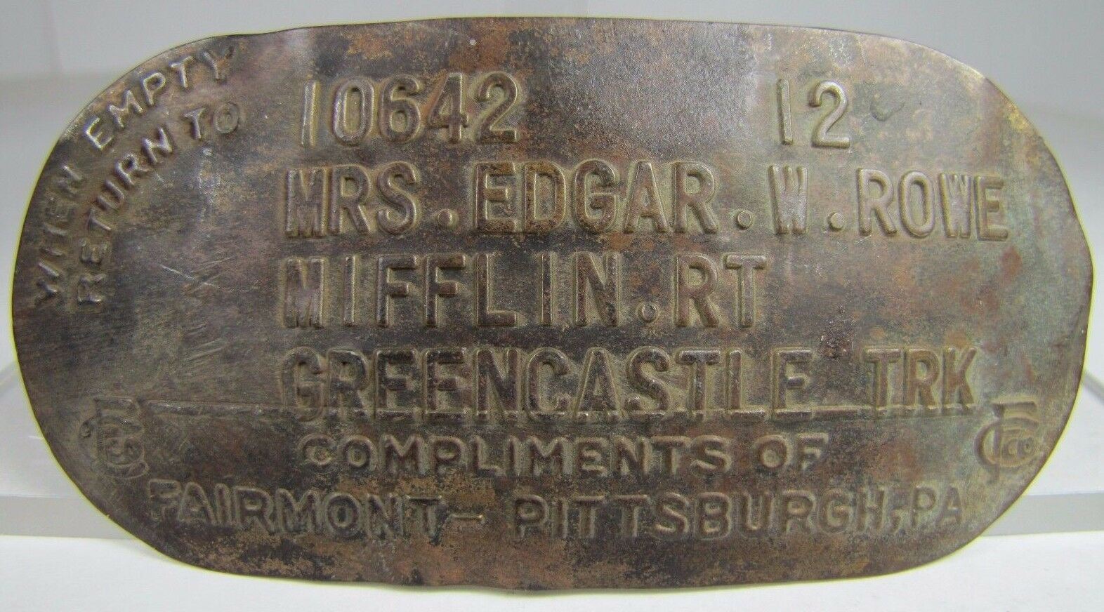 Old Metal Milk Can Tag Sm Sign Nameplate When MT Return 2 Mrs E Rowe Mifflin RT