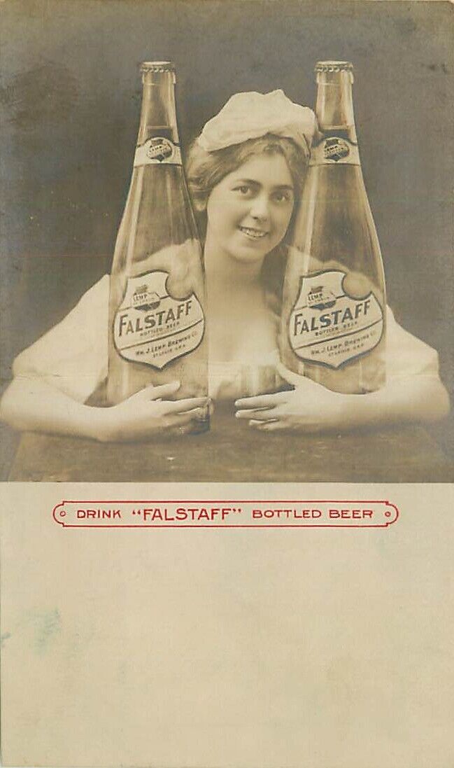 Advertising Real Photo Postcard Lemp Brewing Co - Woman w/ Falstaff Beer Bottles