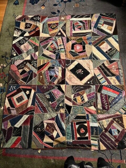 Antique crazy quilt  -handstiched and embroidered, velvet and silk  61\