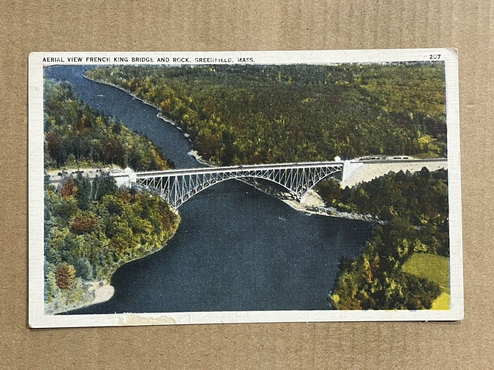 Postcard Greenfield MA Massachusetts French King Bridge and Rock Aerial View PC